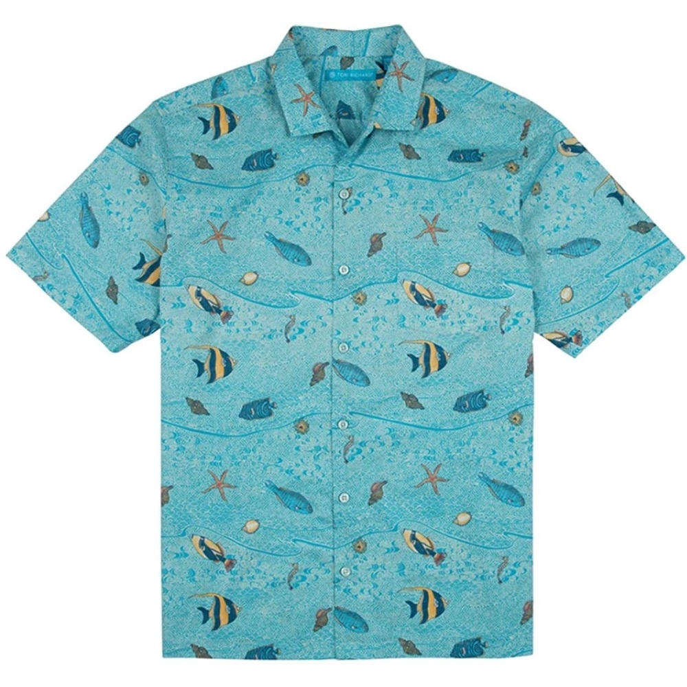 Tori Richard Marine Day Pacific Blue Short Sleeve Hawaiian Shirt Size Small
